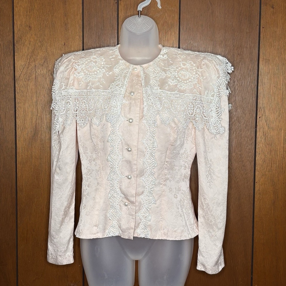 VTG 80's Jessica McClintock Blouse 8 Pink Lace Pearl Buttons Victorian Cottage